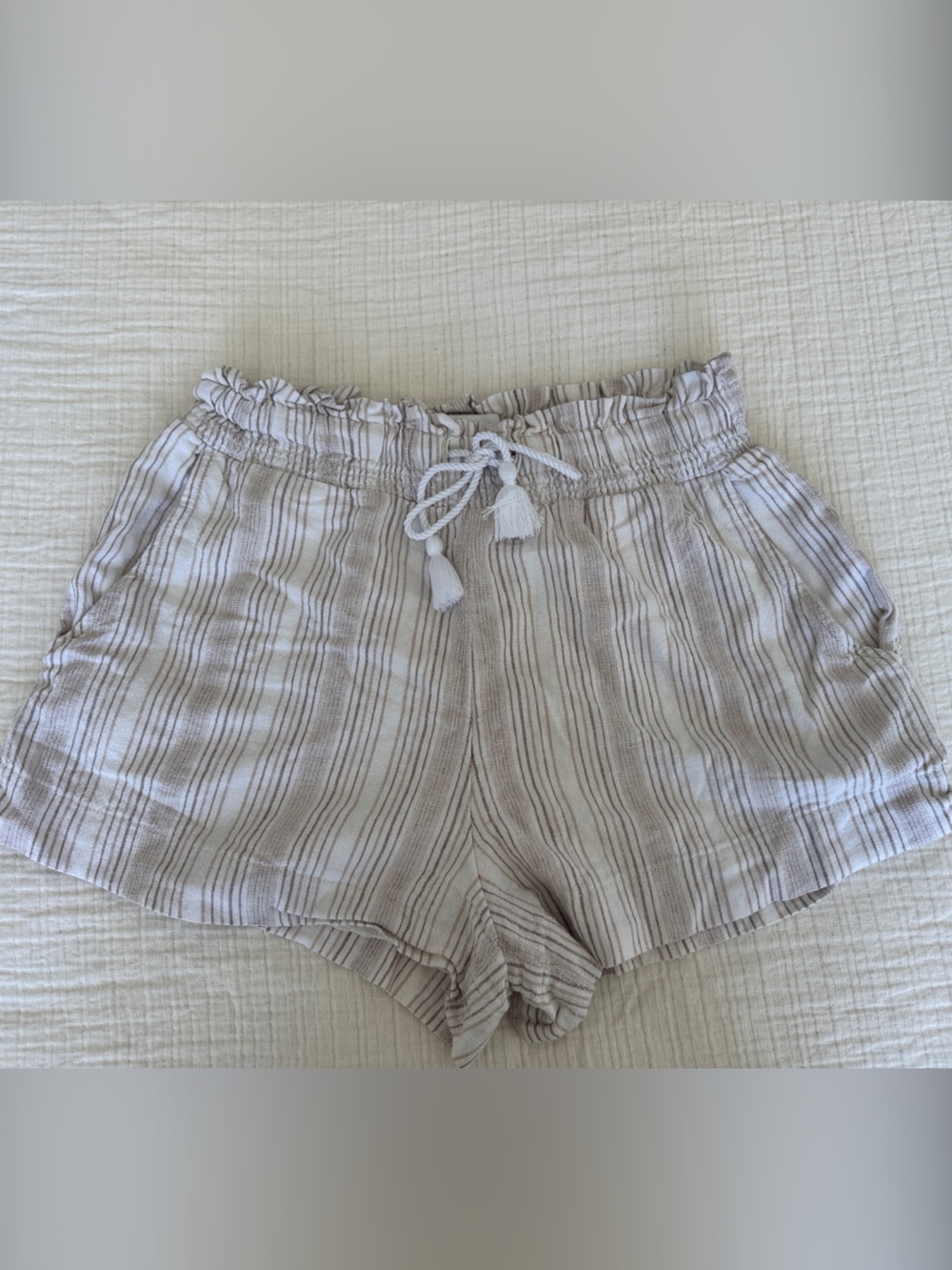 Light Beige Striped Women's Linen-Blend Shorts
